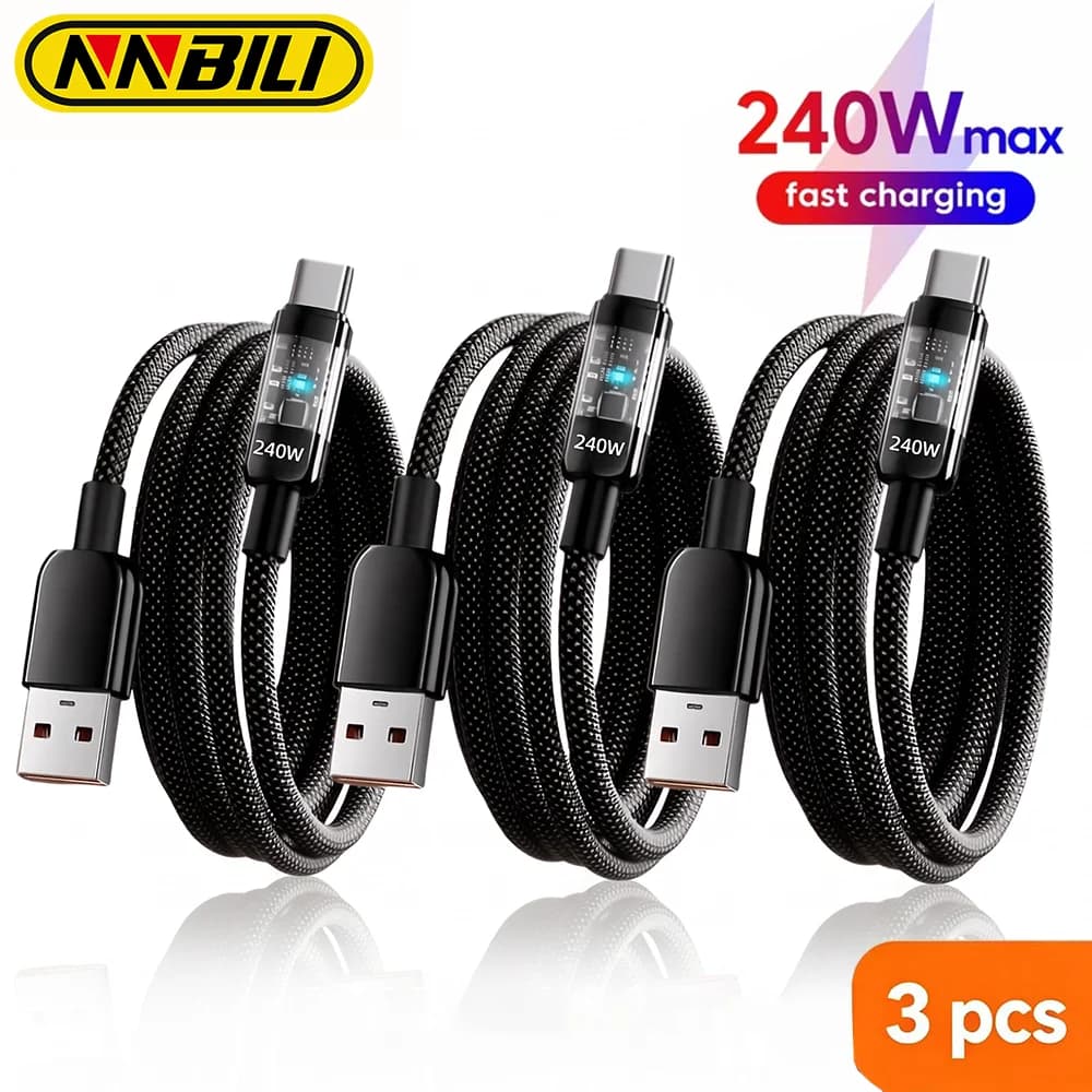 NNBILI 3pcs USB C Quick Charging Cable 240W Nylon Braided Transparent USB Type C Charger Cord for Samsung Huawei Mi Data Line