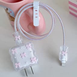 Transparent Pink 3D Bowknot Cellphone Charger Protective Case Sleeve for Apple IPhone 18/20W Laser Cable Winder Wire Protectors