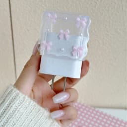 Transparent Pink 3D Bowknot Cellphone Charger Protective Case Sleeve for Apple IPhone 18/20W Laser Cable Winder Wire Protectors