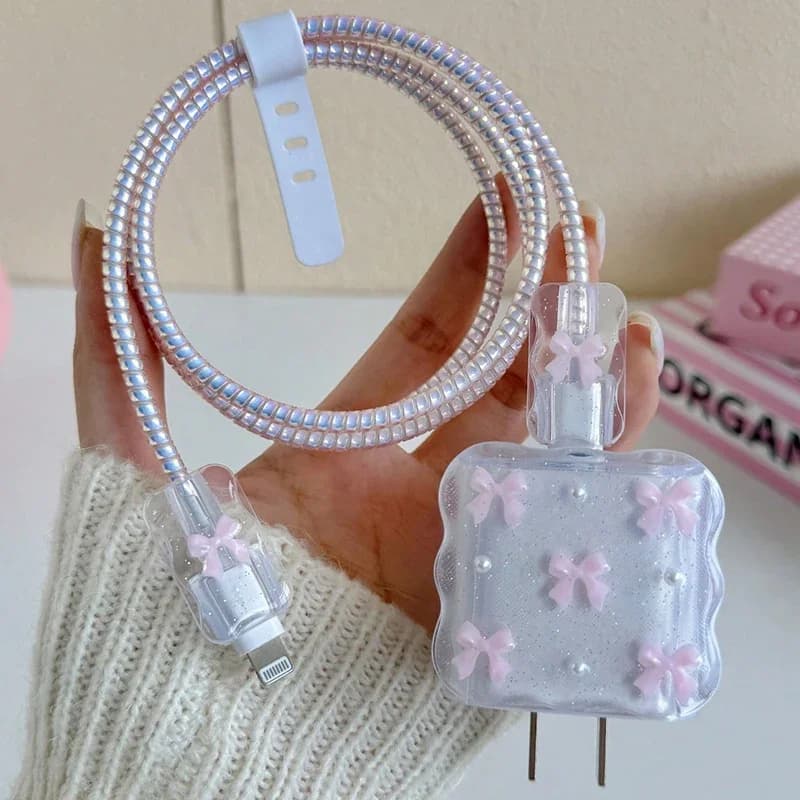 Transparent Pink 3D Bowknot Cellphone Charger Protective Case Sleeve for Apple IPhone 18/20W Laser Cable Winder Wire Protectors
