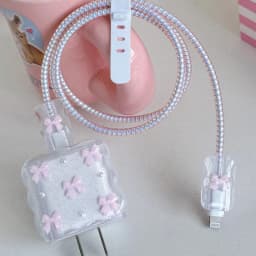 Transparent Pink 3D Bowknot Cellphone Charger Protective Case Sleeve for Apple IPhone 18/20W Laser Cable Winder Wire Protectors