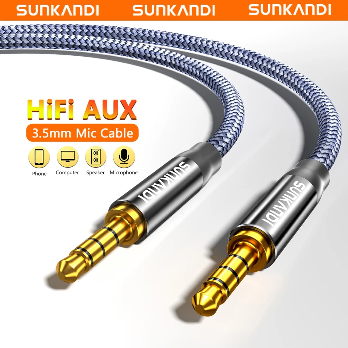 SUNKANDI 3.5mm Audio Cable Braided TRRS 4-Pole Hi-Fi Stereo Jack Male to Male AUX Cord for Tablets Headphones Speaker