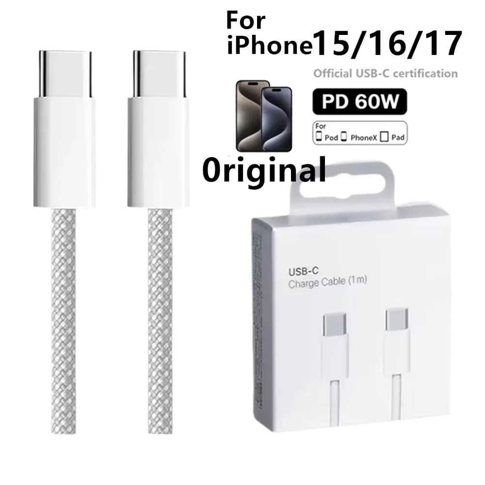 PD 60W Dual USB-C Fast Charging Braided Cable For iPhone 15 16 17Pro Max 15 Plus Type C to Type C Quick Charger Cable With Box
