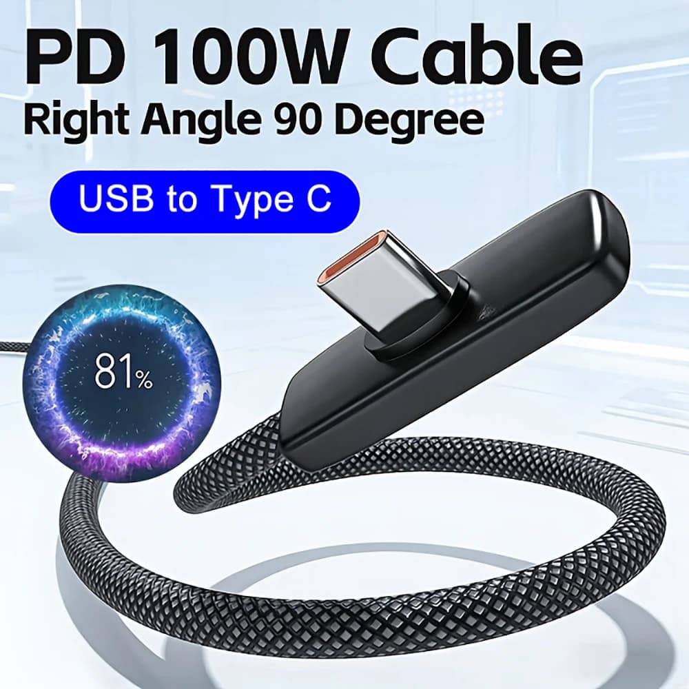 100W 6A Right-angle Braided Fast Charging Data Cable Braided Cord USB To Type-C for IPhone Samsung Xiaomi Phone Laptop 1/1.5/2m