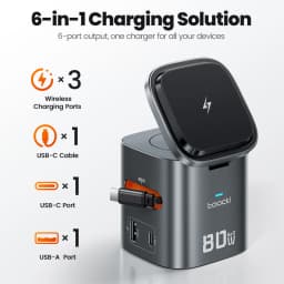 Toocki 80W 6-in-1 GaN Charging Station Type C PD 65W Retractable Fast Charger Wireless Adapter For iPhone 16 17 iWatch AirPods