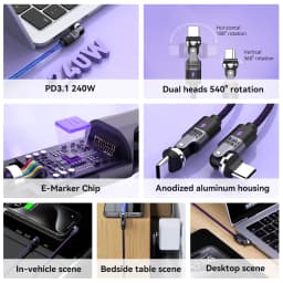 240W PD3.1 Fast Charging Cable 540° Rotation Type C to C 5A Cable for iPhone MacBook Samsung UGREEN/Anker powerbank