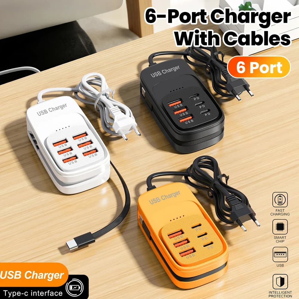 6 in 1 USB Power Strip PD Type C Fast Charging Phone Power Adapter For iPhone Samsung Xiaomi EU/US/UK Plug Wall Charger Socket