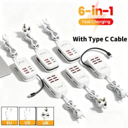 6 in 1 USB Charger PD Type C Fast Charging Wall Chargers Extension Type C Cable Socket EU/UK/US Plug Multi-ports USB Hub Adapter