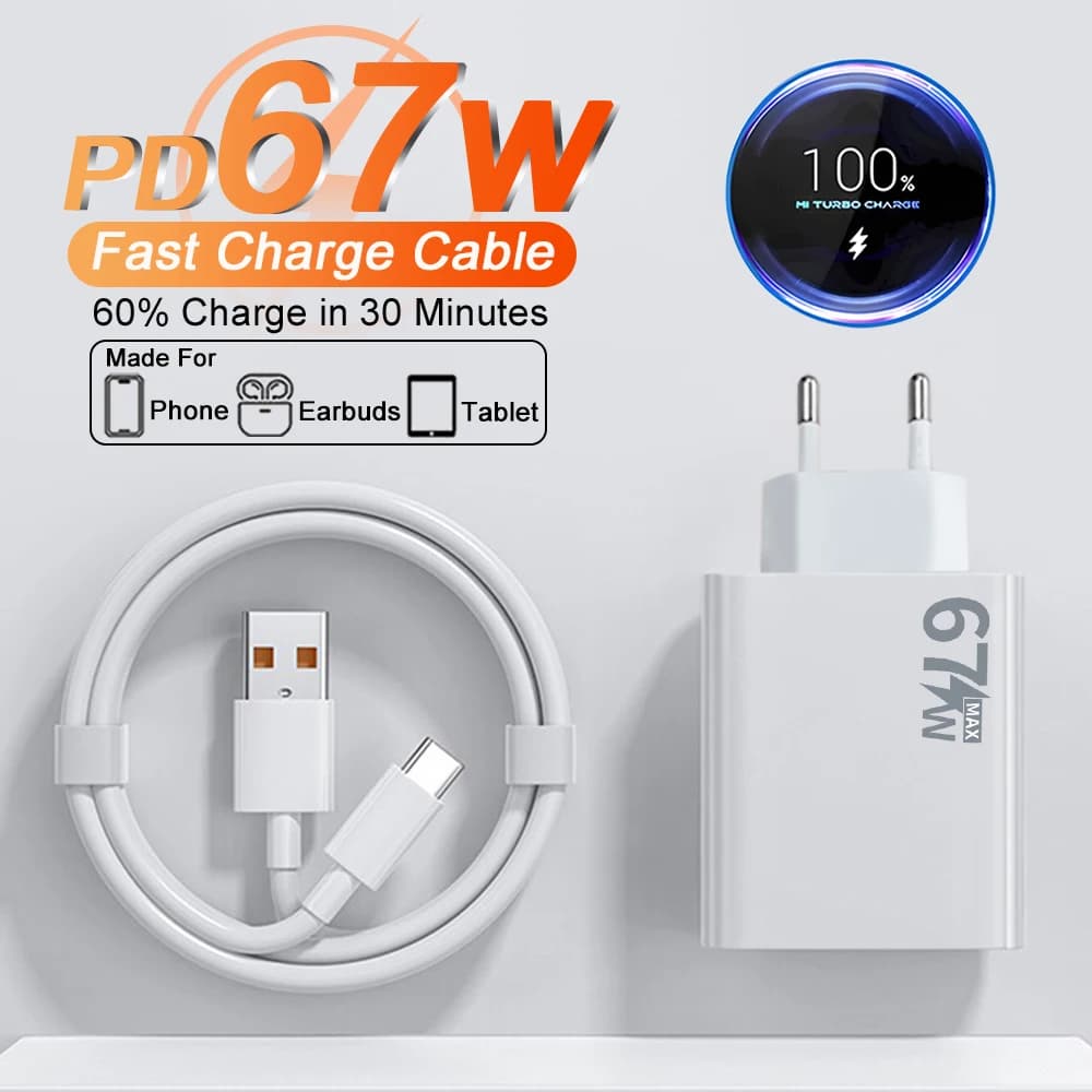 67W USB Charger Fast Charging Phone Wall Adapter For iPhone Samsung OnePlus OPPO Xiaomi Redmi Poco Charger USB Plug Type C Cable
