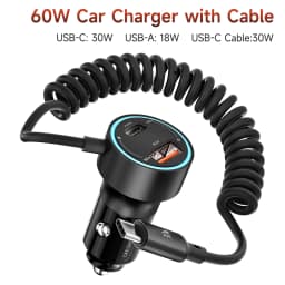 Toocki 60W USB Car Charger for Xiaomi Samsung LED Light PD QC3.0 Type C Fast Charging Charger with USB C Cable for iPhone 15 Pro