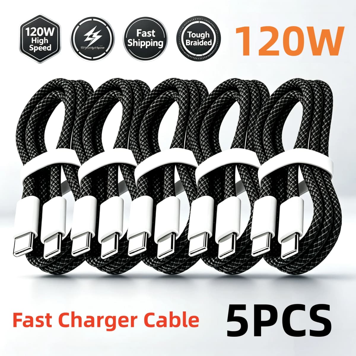 5PCS USB C to USB C 120W Fast Charging Cable, Durable Braided Wire, For iPhone 17 16 15 Samsung Huawei Xiaomi Etc