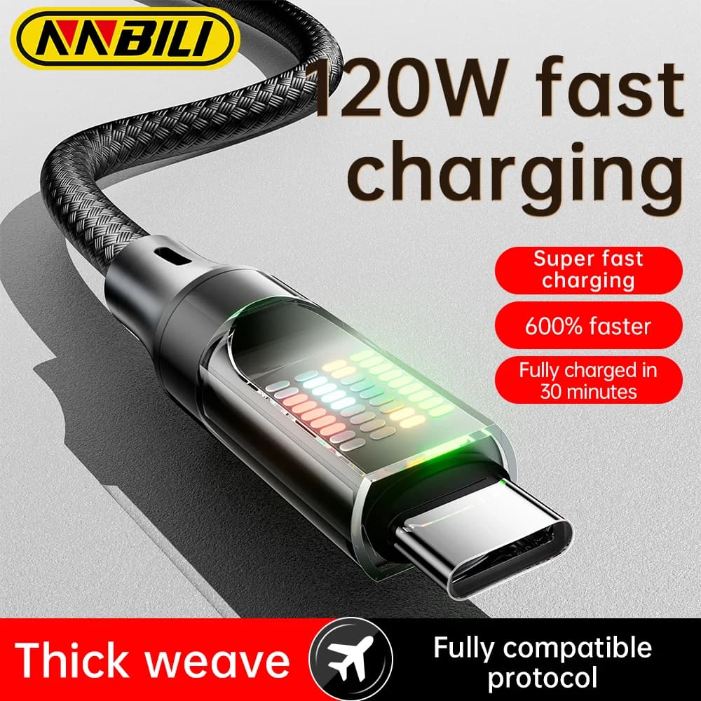 NNBILI 120W Type C Fast Charging Cable 6A USB A to Type C Nylon Data Cord for Huawei Xiaomi Samsung With Led Display USB C Cable