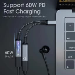 60W PD Fast Charger Cable 2 in 1 USB C Splitter Type C Headphones Jack Audio Adapter For Samsung S24 Xiaomi Huawei iPhone 15 16