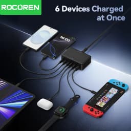 Rocoren USB Charger 100W GaN Charger 6-ports Desktop Fast Charging Type C Charger Portable Power Station For iPhone Xiaomi POCO