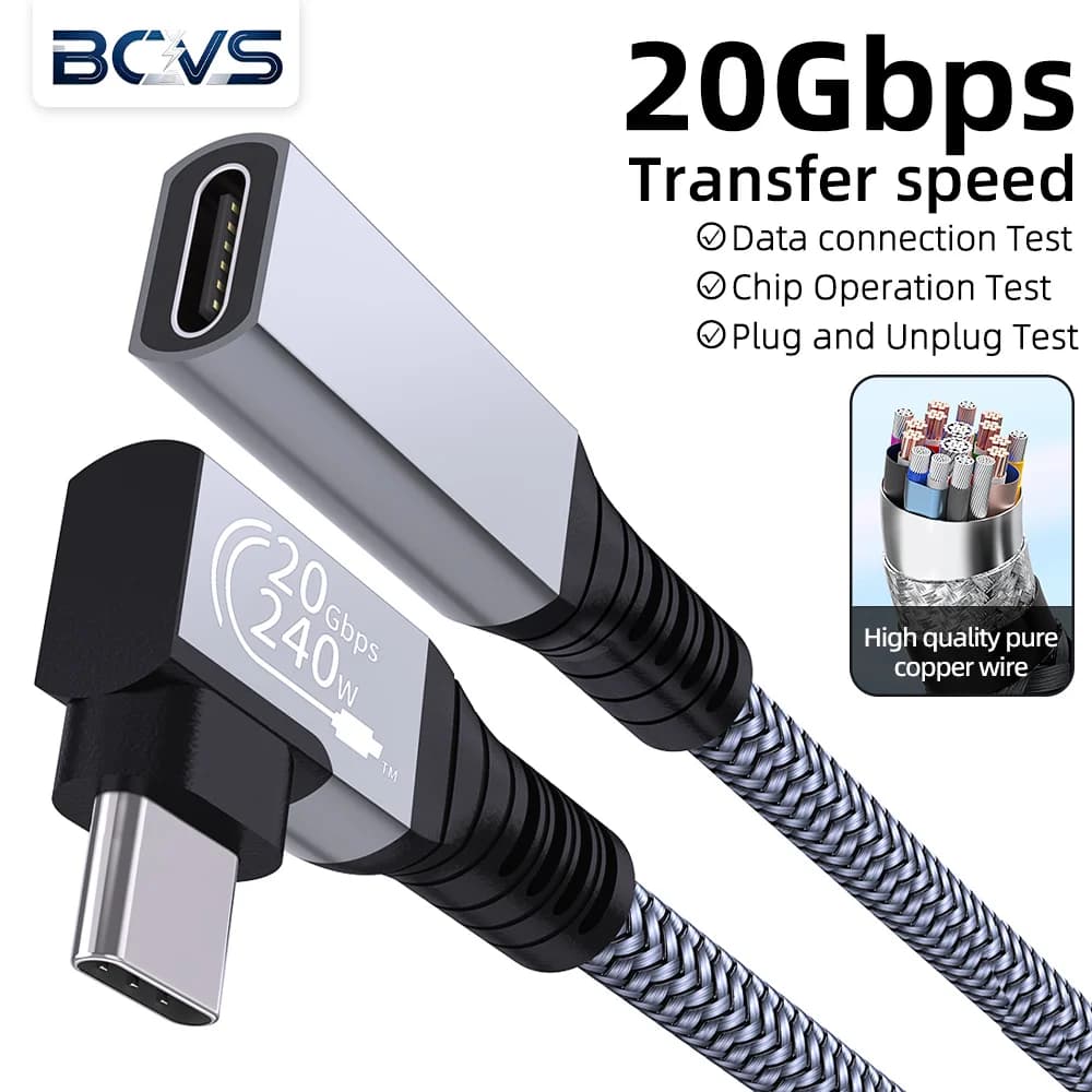BCVS 90° USB3.2 USB‑C Male to Female Extension Cable 240W 20Gbps Fast Charging for IPhone15 Pro Max MacBook Thunderbolt