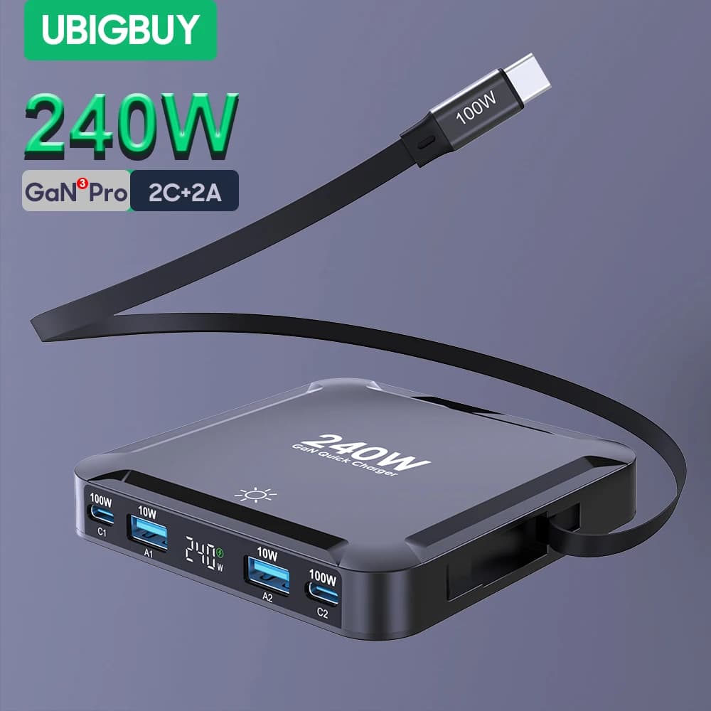 Ubigbuy 240W GaN Charger Digital Display Fast Charging Station with 100W USB C Retractable Cable For iPhone 17 Samsung MacBook