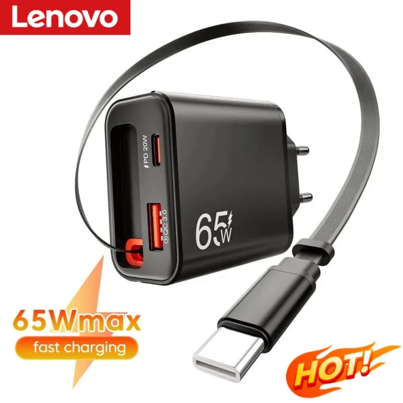 Lenovo 65W Super Fast Charge Type C USB Phone Charger With Retractable USB C Cable For Iphone 17 16 15 Samsung POCO Xiaomi