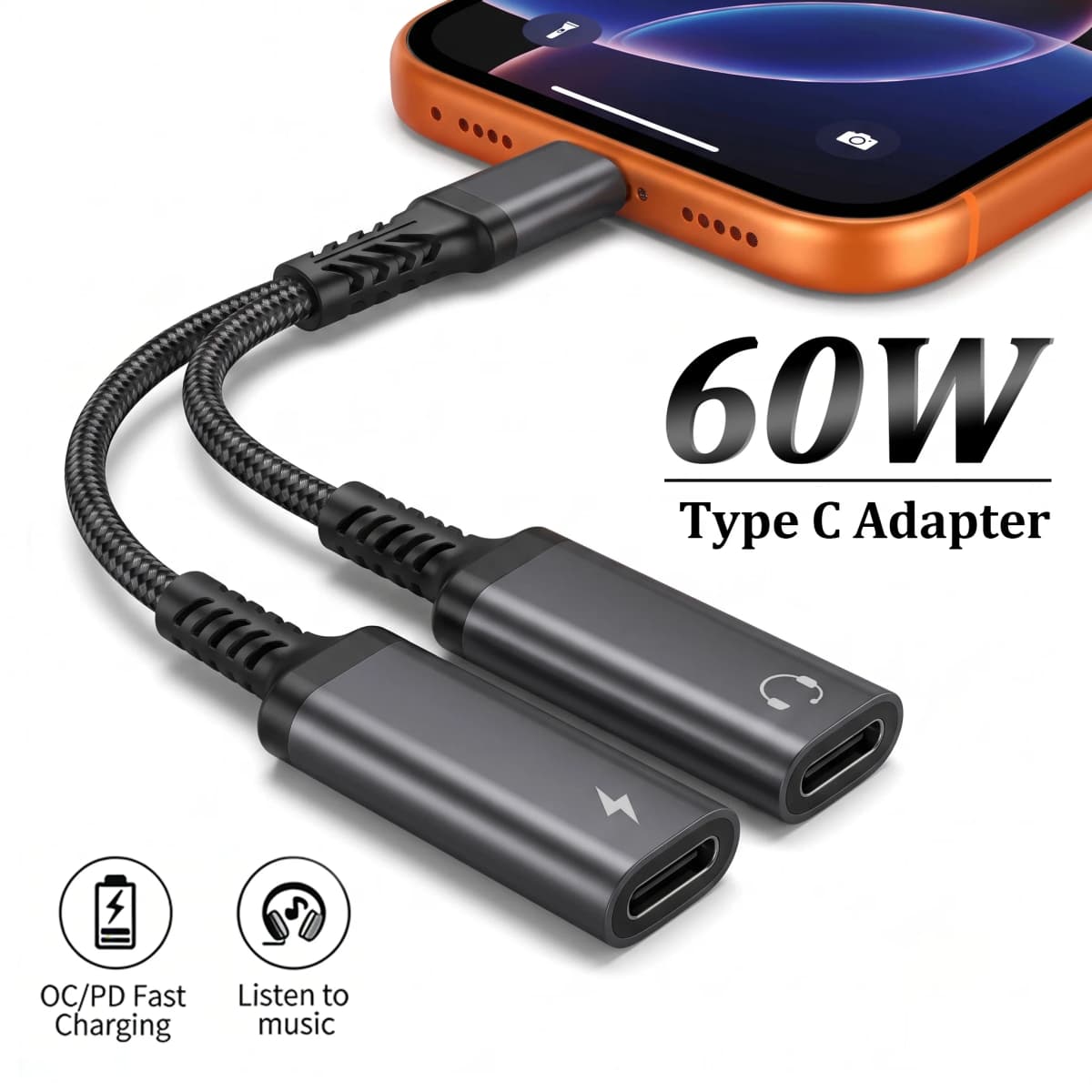 2 in 1 USB C Headphone And Charger Adapter Type C Dual Port Aux Audio Cable Fast Charging For iPhone 17 Samsung Phone Splitter