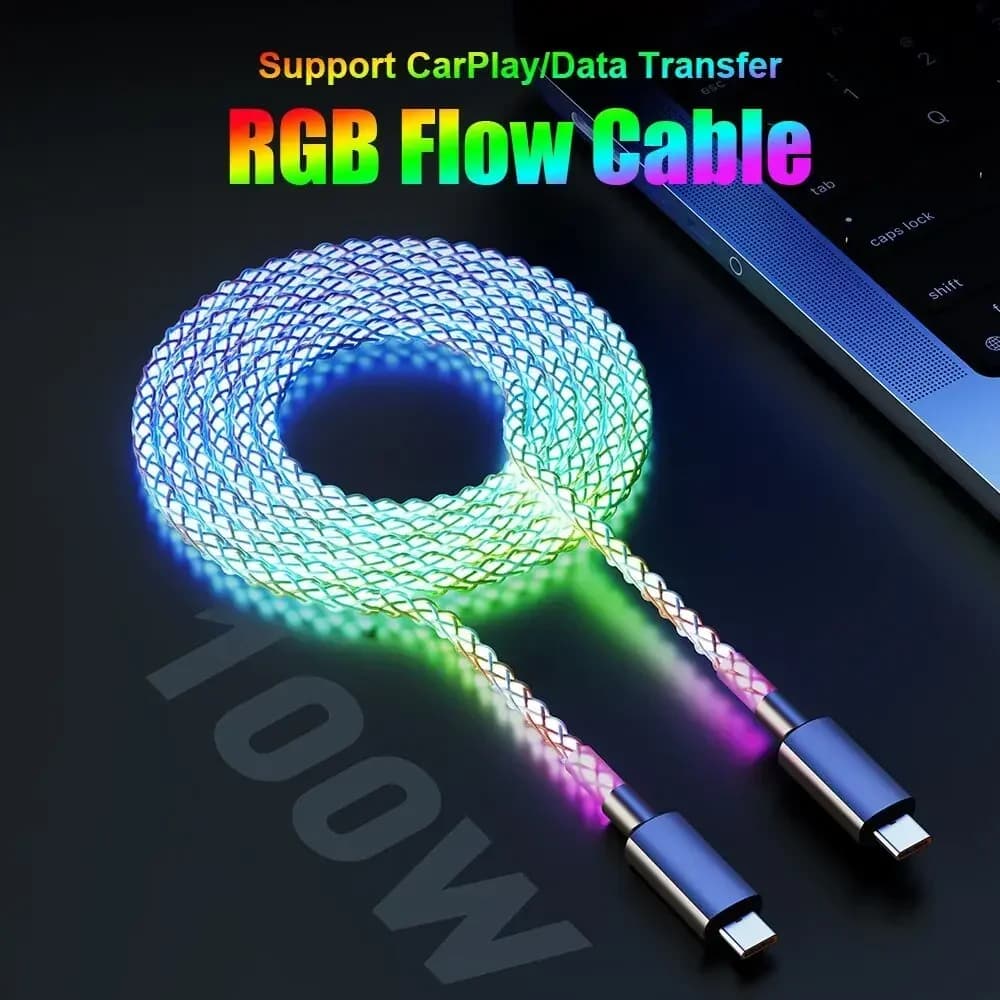 100W Fast Charging RGB Cable Breathing Light 66W Type C USB C Data Cable For Samsung Huawei Macbook 30W Quick Charge For Xiaomi