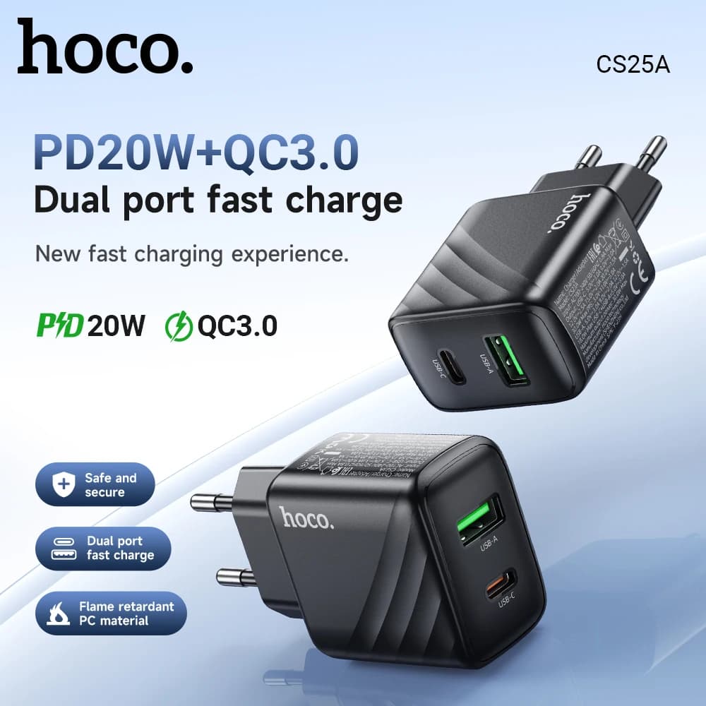 HOCO CS25A 20W USB Type C Charger PD Fast Charge QC 3.0 Quick Charge for iPhone 15/14/13/12 Pro Max Mini iPad Charging