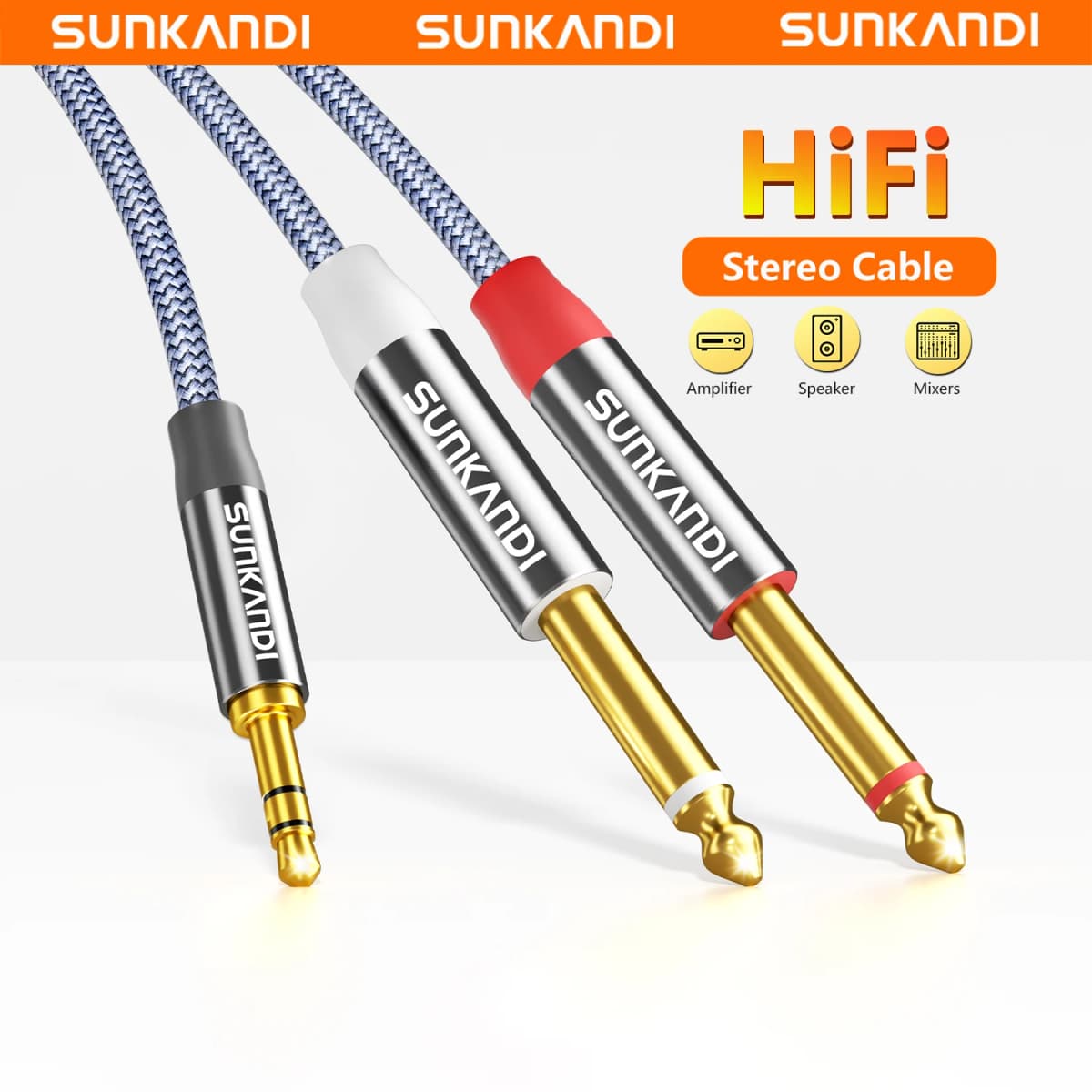 SUNKANDI 1/8 to 1/4 Audio Cable, 3.5mm TRS to Dual 6.35mm 1/4 TS Mono Y Splitter Audio Cord Adapter for PC, Home Stereo System