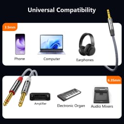 SUNKANDI 1/8 to 1/4 Audio Cable, 3.5mm TRS to Dual 6.35mm 1/4 TS Mono Y Splitter Audio Cord Adapter for PC, Home Stereo System