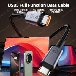USB5 Cable 80Gbps 240W 8K for Thunderbolt 5 Type C Fast Charging Thunderbolt 4 USB 5.0 USB-C to C Data Transfer Cable for Laptop