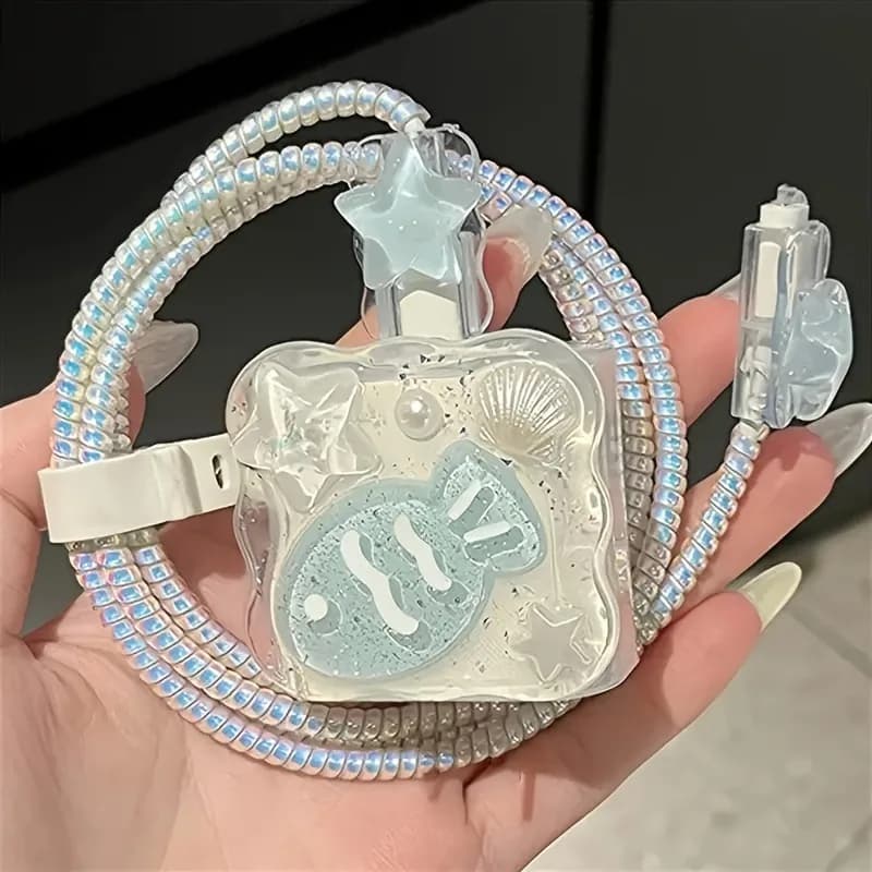 Cute 3D Shell Fish Star Wave Border Epoxy USB Protector Cover For iPhone 18W-20W Data Line Head Cord Fast Charging Case