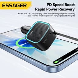 ESSAGER 45W Car Charger PD Fast Charging with Retractable 75CM Cable 3 Ports USB C & a Adapter for iPhone 17/16/15 Huawei iPad