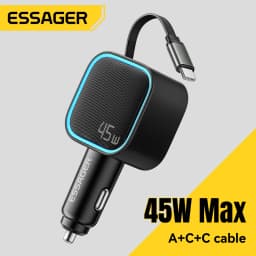 ESSAGER 45W Car Charger PD Fast Charging with Retractable 75CM Cable 3 Ports USB C & a Adapter for iPhone 17/16/15 Huawei iPad