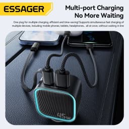 ESSAGER 45W Car Charger PD Fast Charging with Retractable 75CM Cable 3 Ports USB C & a Adapter for iPhone 17/16/15 Huawei iPad