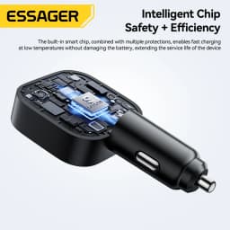 ESSAGER 45W Car Charger PD Fast Charging with Retractable 75CM Cable 3 Ports USB C & a Adapter for iPhone 17/16/15 Huawei iPad