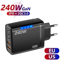 240W GaN 5 Port Fast Charging Station 3PD 2USB Desk Adapter For iPhone 17 16 15 Pro Samsung Xiaomi EU US Wall Plug USB C Charger