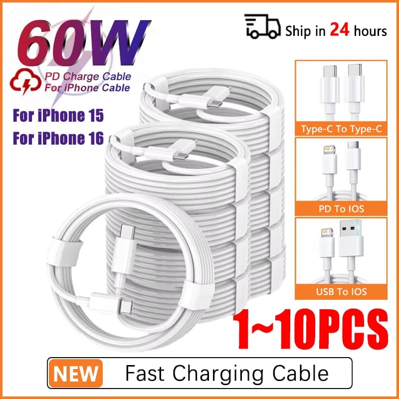 PD 60W USB C to Type C Fast Charging Cable for iPhone 11 13 14 15 16 Pro Max 12 Mini 6 7 8 Plus XS XR iPad USB A MFi Certified