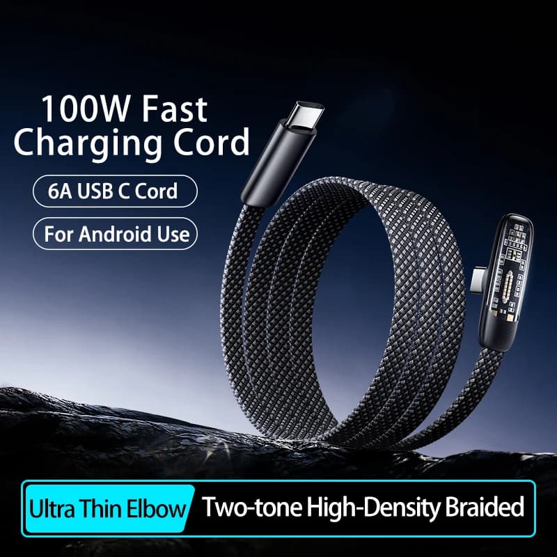 100W 6A Type C to Type C Elbow Fast Charger Data Cord For Samsung S24 Huawei Xiaomi P40 Android Phone USB C MacBook Pro iPad Pro