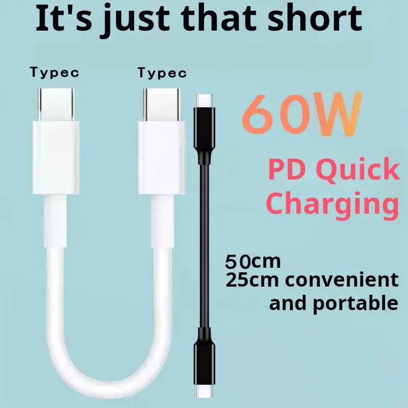 PD 60W USB C to Type-C Double Fast Charging Data Cable Short 0.25/0.5m For Iphone Huawei Samsung Xiaomi Macbook iPad Data Line