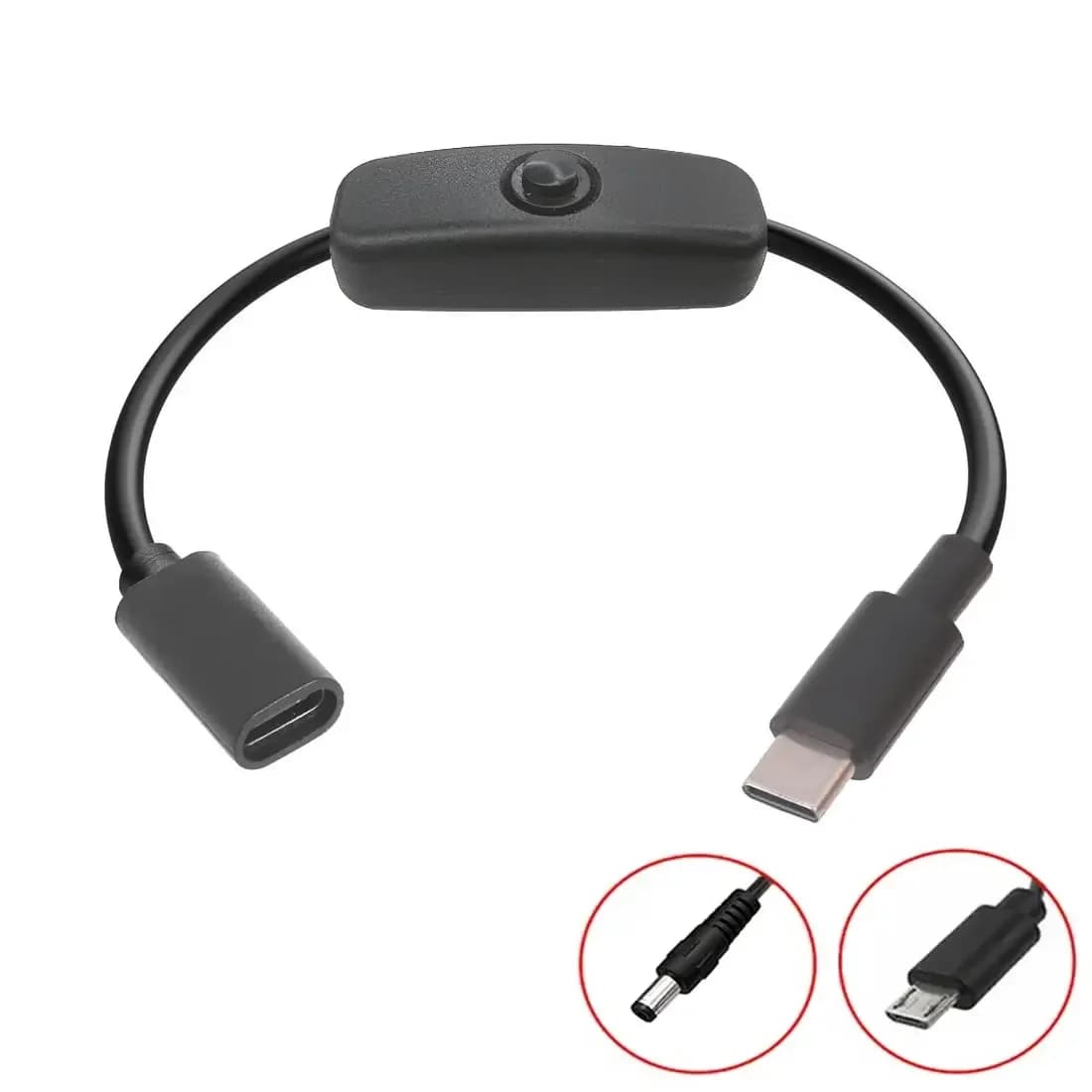 Type C Extension Cable with On/Off Switch USB-C PD to Micro USB / DC 5521 Power Cord Male to Female 5V