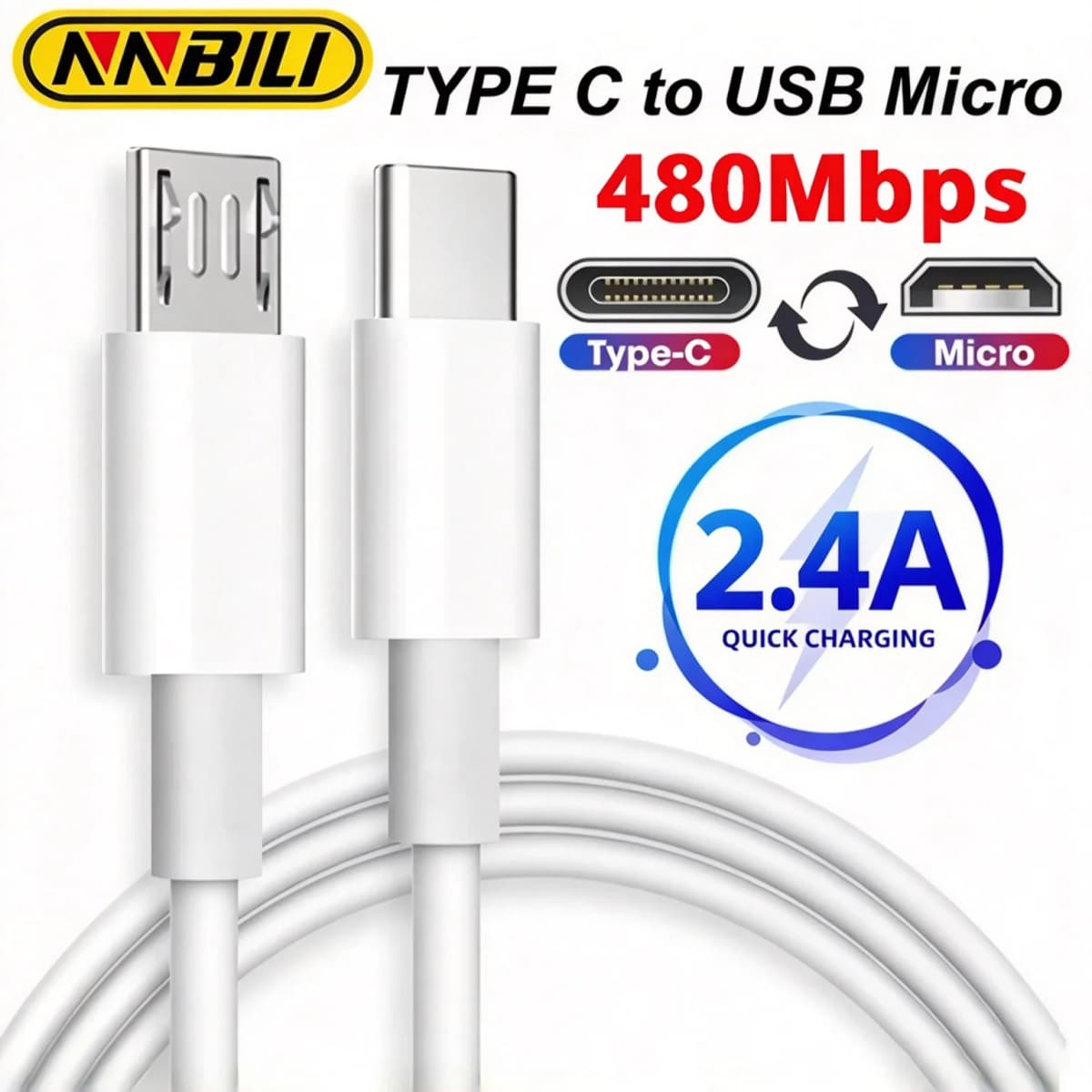 NNBILI USBC To Micro 2.4A Fast Charging Data Cable Type C Male To Micro USB Male Quick Charger Adapter for Hwawei Samsung Xiaomi