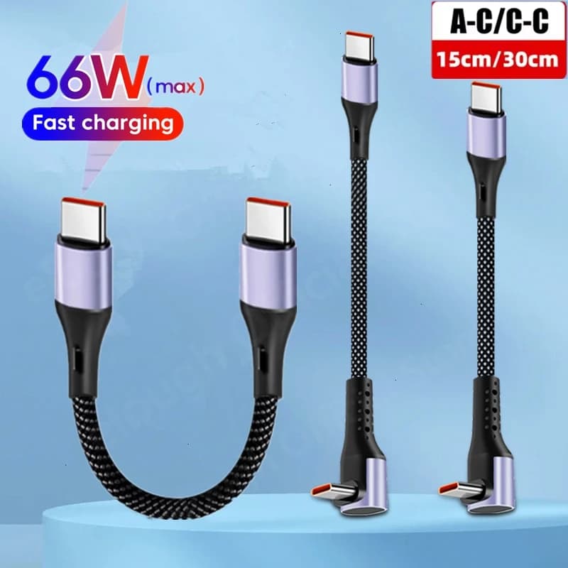 Short Cable USB Type C To Type C Cable Fast Charging For iPhone 16 15 Samsung Huawei Power Bank Elbow Phone Data Cable Cord