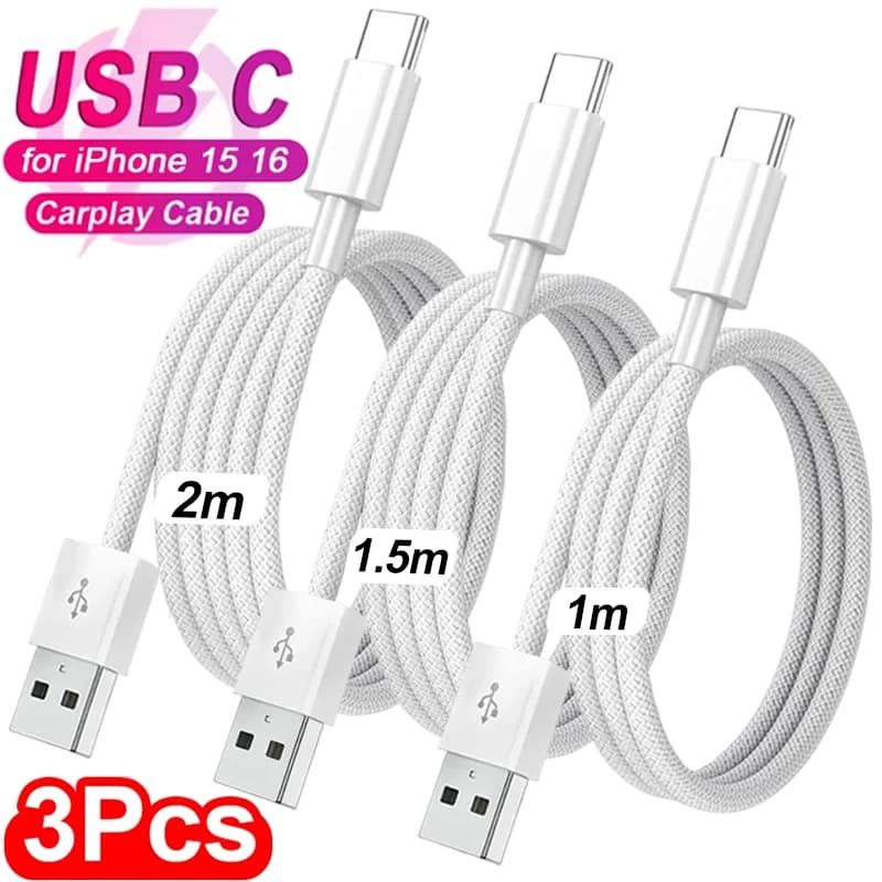3/1Pcs USB C Mobile Phone Cable Fast Charging USB A To Type C Nylon Braided Cord for Apple Carplay iPhone 16 Pro 15 Pro Max Plus