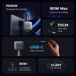 UGREEN 145W 90W 60W Car Charger 3 USB-C & 1 USB-A Ports PD QC4.0 Fast Charging with Retractable Cable for iPhone 18 17 MacBook