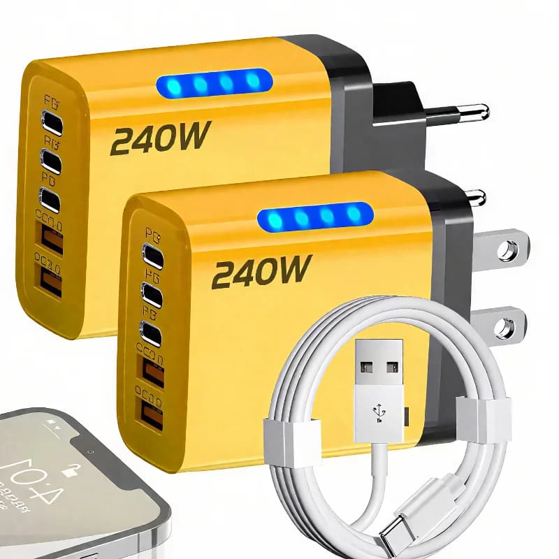 New 5 in 1 240W GaN Fast Charger With LED Light 2USB+3PD Multi Port Phone Charging Head For iPhone 17 16 Pro Huawei Laptop