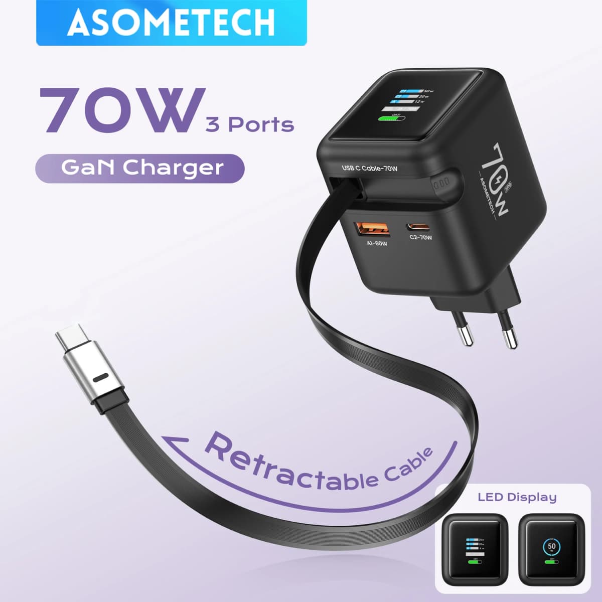 70W GaN Fast Charger with Type-C Retractable Cable 3 IN 1 PD3.0 QC4.0 PPS Fast Charging for IPhone 16 15 14 Xiaomi Tablet Laptop