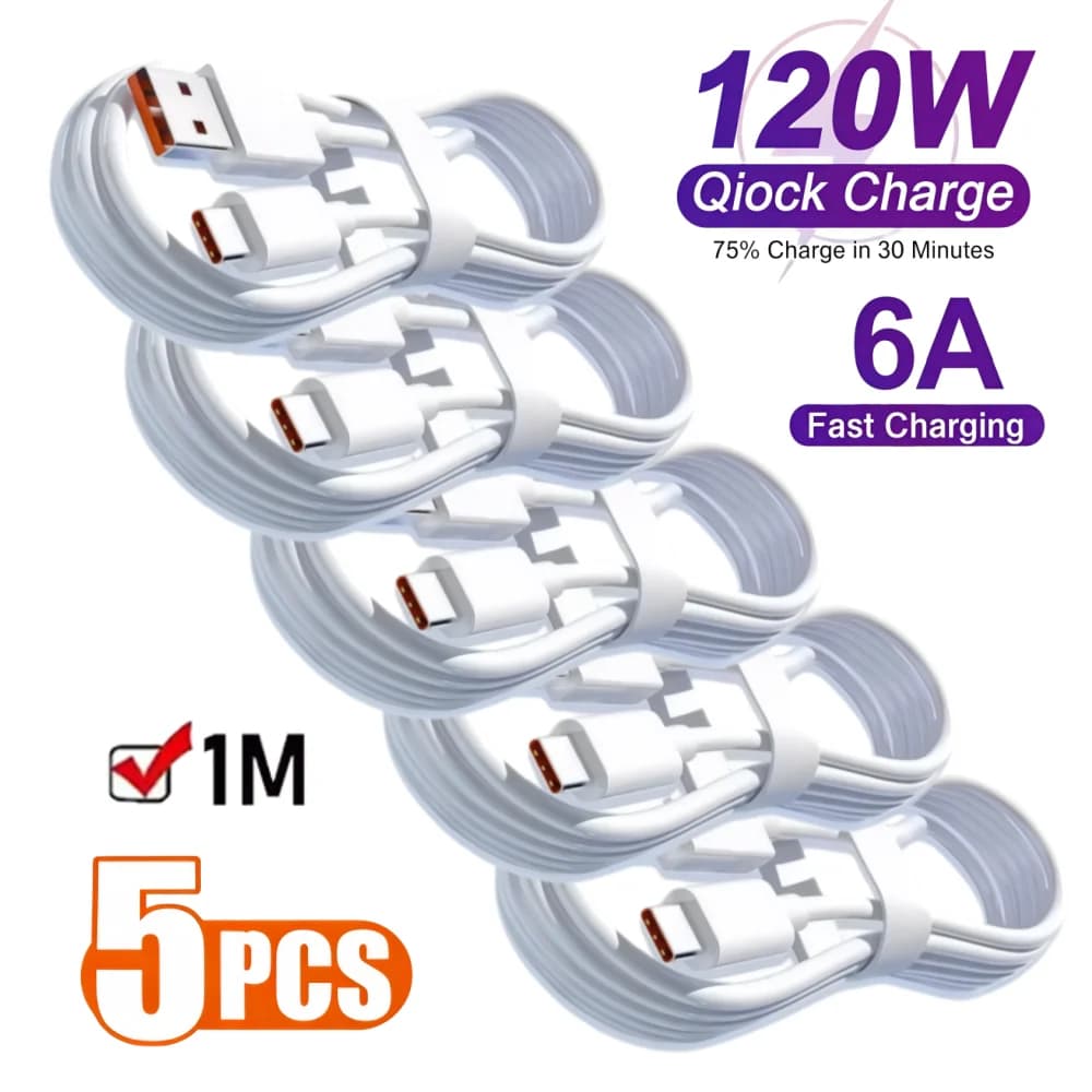 5PCS 6A 120W Type C Super Fast Charging Cable Data Cord For Samsung Huawei Xiaomi Quick Charing USB C Cables