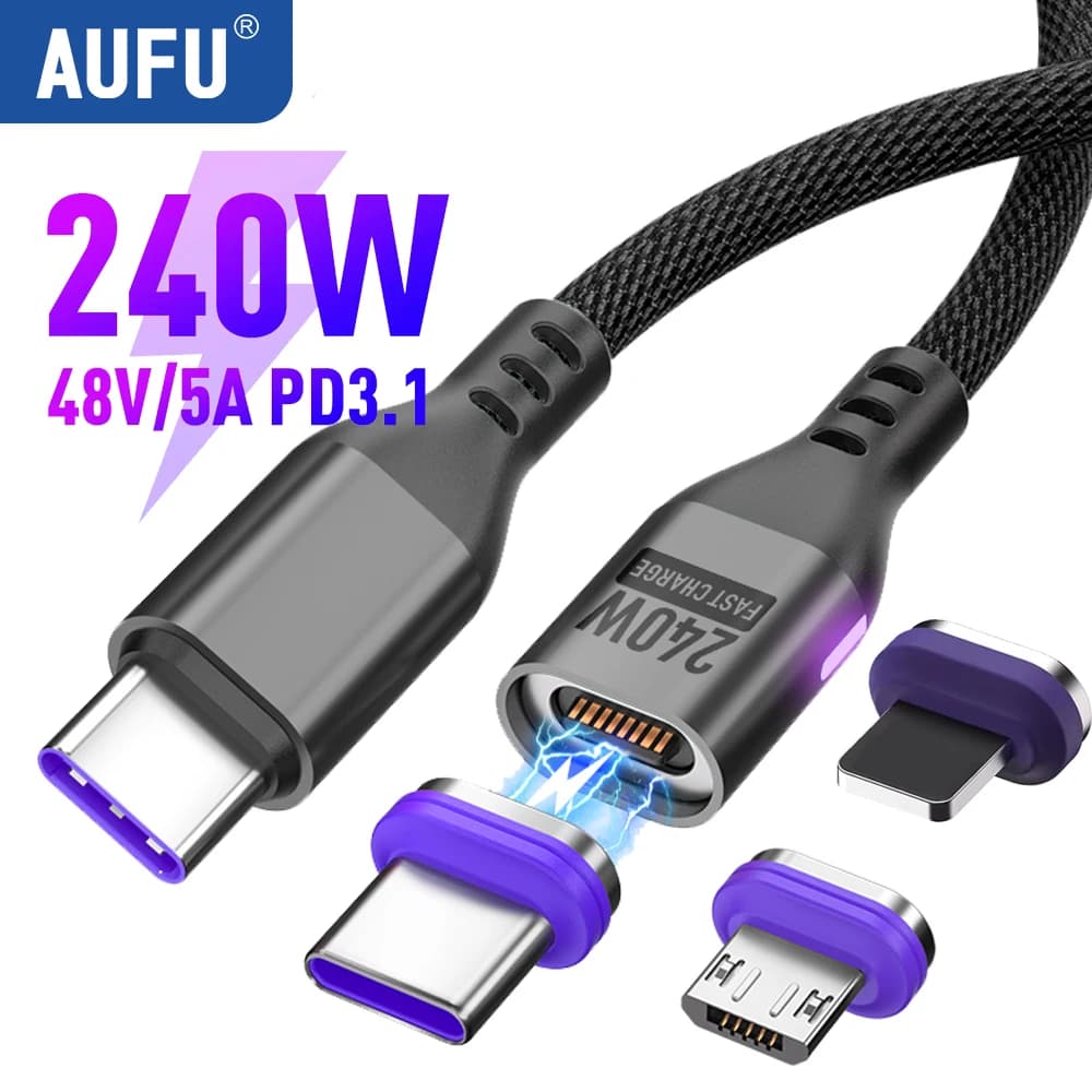 AUFU PD240W Magnetic Type C Cable For Macbook PC 5A Super Fast Charging Magnet USB-C Charger Data Cord For iPhone Samsung Xiaomi
