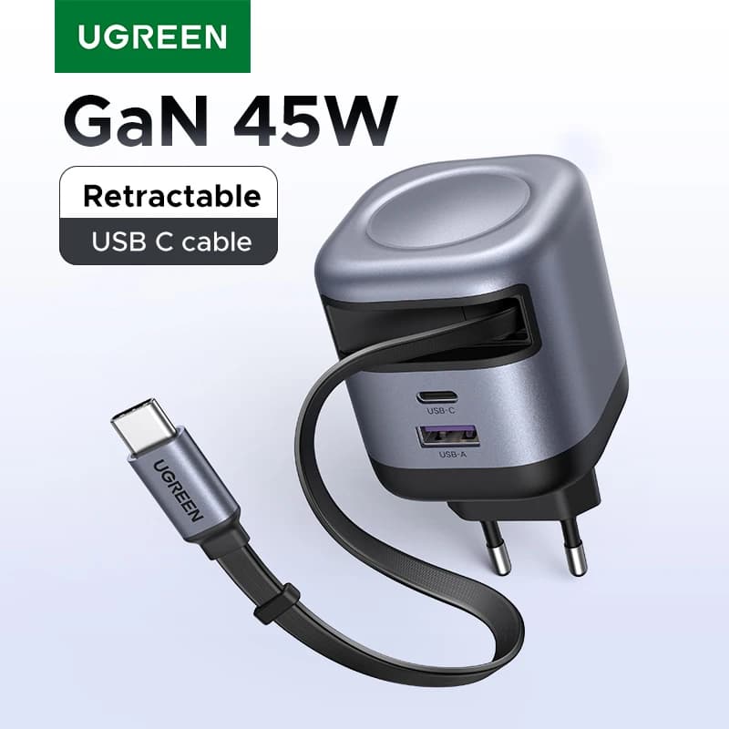 UGREEN 45W GaN Retractable Cable Charger UFCS PPS QC PD 3.0 For iPhone 16 15Pro Samsung S25 iPad Macbook Air Tablet Fast Charger