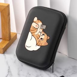 Cute Cartoon Cat Playing Phone Pattern Portable Storage Case Zipper Carrying Pouch Bag Box for Earphone Date Cable Organizer