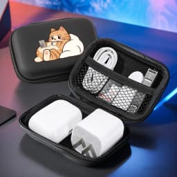 Cute Cartoon Cat Playing Phone Pattern Portable Storage Case Zipper Carrying Pouch Bag Box for Earphone Date Cable Organizer