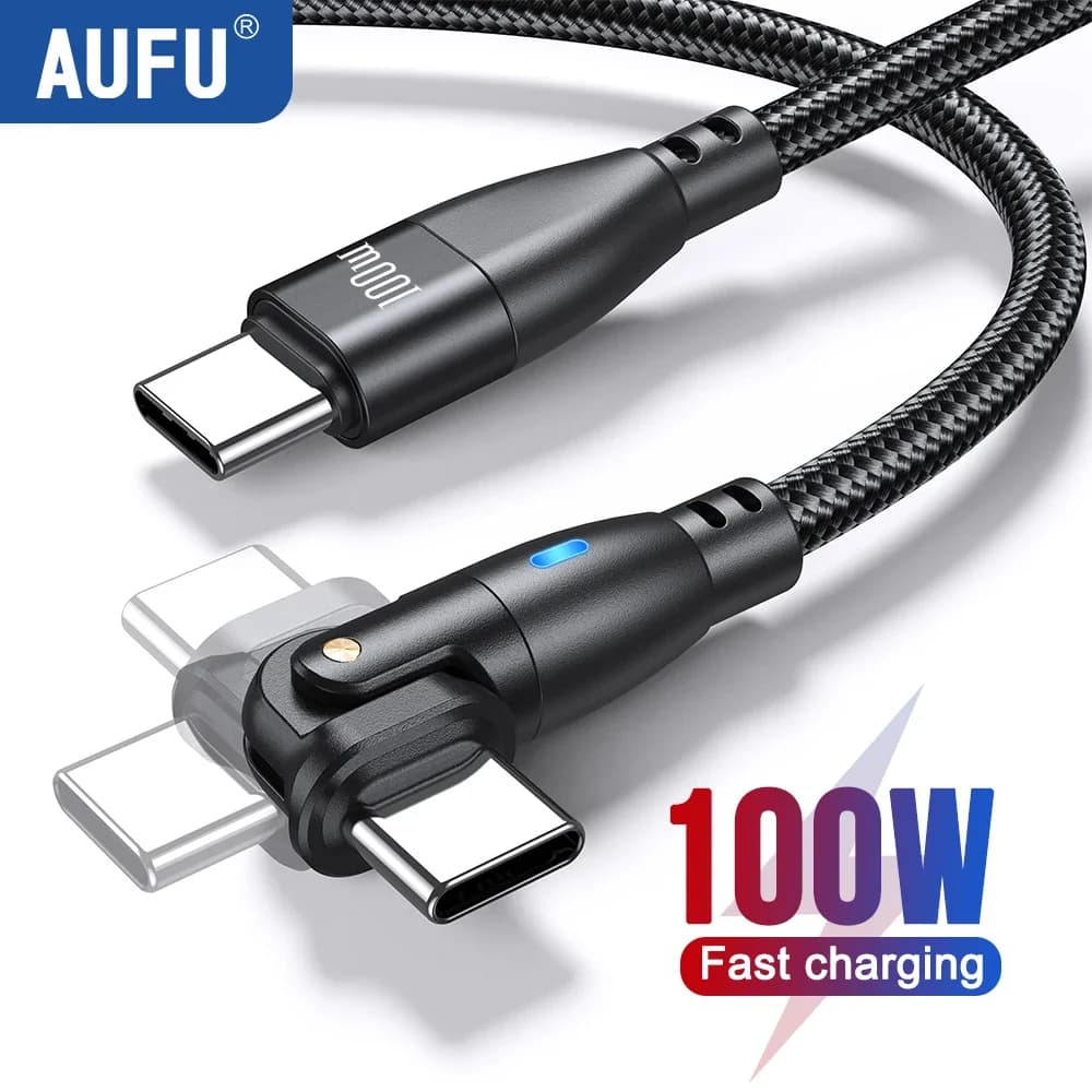 AUFU USB Type C Cable 5A PD100W Fast Charging Charger Wire Cord for MacBook Pro Xiaomi iPad Samsung 180° Rotate USB-C Cable