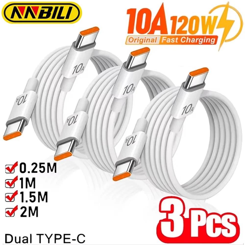 NNBILI 3-1Pcs 120W 10A Fast Universal PD Dual Type C Quick Charging Cable Data Wire Cord for Samsung IPhone 18 17 HUAWEI Xiaomi